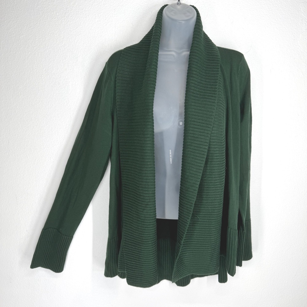 Joan Vass Studio Night Jade Green Ribbed Shawl Collar Open Cardigan XL NEW Long